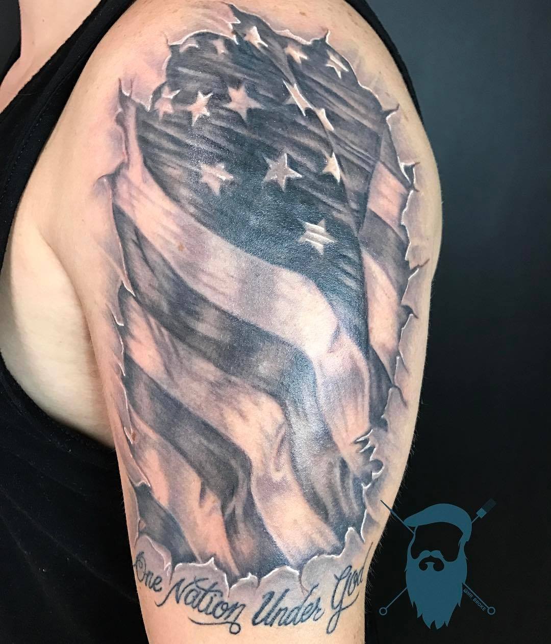 Black and gray  grey realistic American flag tattoo Done by Matty  McTatty  Shoulder sleeve tattoos Patriotic tattoos Black tattoo cover up